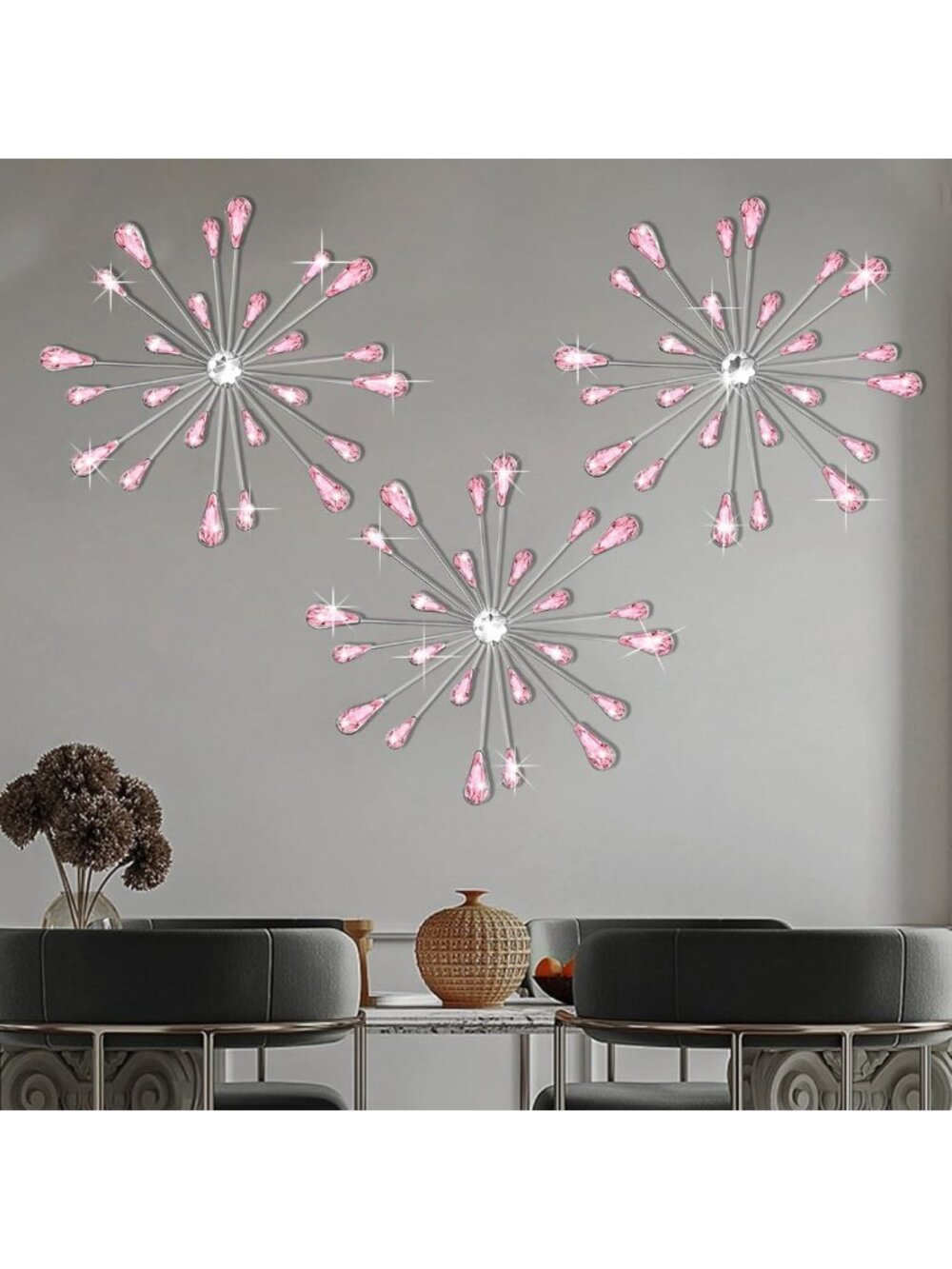 Set of 3 Pink Starburst Wall Art Decor | Rhinestone Crystal Home Accents